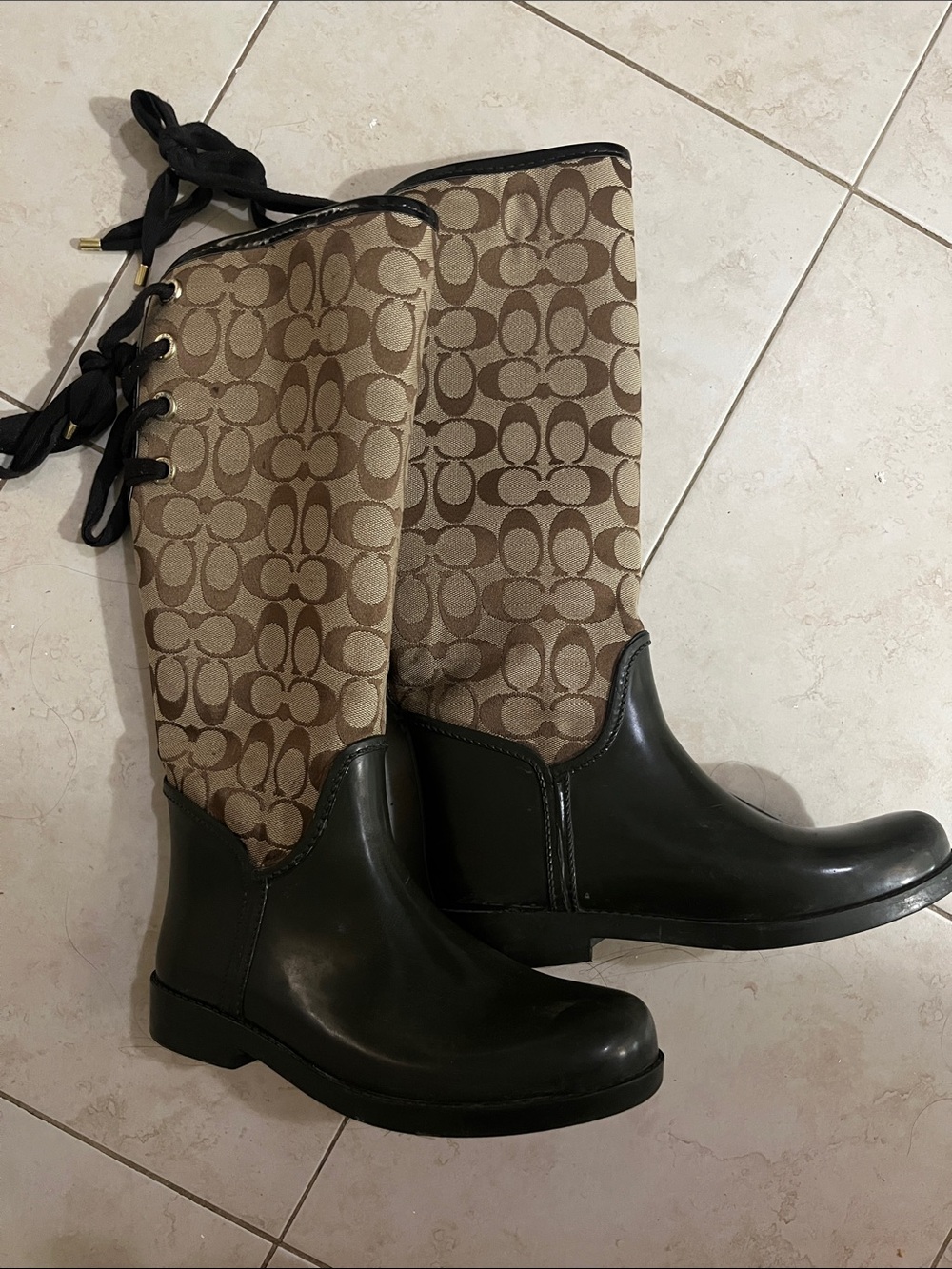 Coach Khaki Signature Canvas and Black Rubber Lace-Up Rain Bo